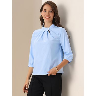 Mock Neck Work Shirt for Women's Ruched Front 3/4 Sleeves Dressy Casual Blouses