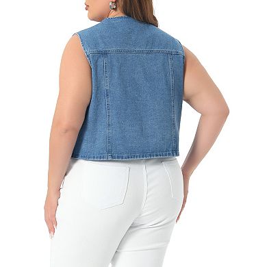 Women's Plus Size Denim Vest Sleeveless V Neck Button Down Casual Jean Waistcoat Jackets