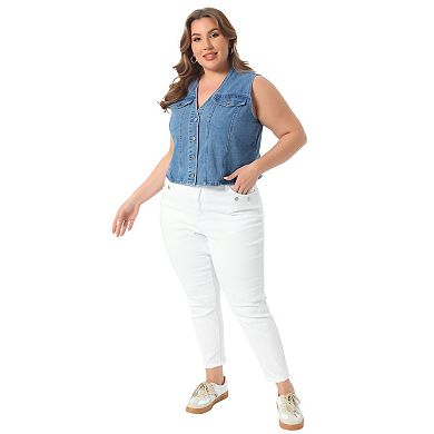 Women's Plus Size Denim Vest Sleeveless V Neck Button Down Casual Jean Waistcoat Jackets