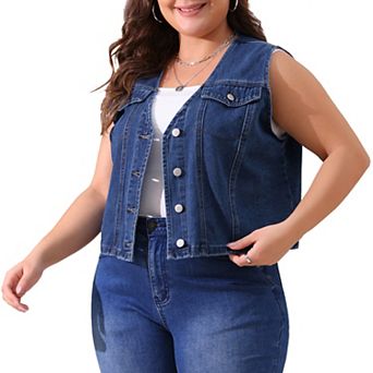 Women's Plus Size Denim Vest Sleeveless V Neck Button Down Casual Jean Waistcoat Jackets