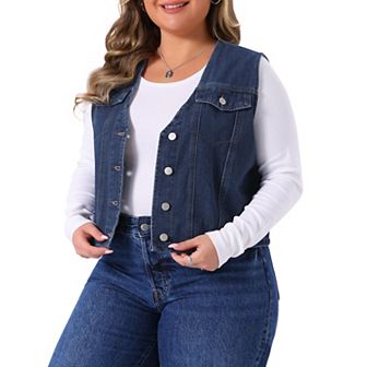 Women's Plus Size Denim Vest Sleeveless V Neck Button Down Casual Jean Waistcoat Jackets