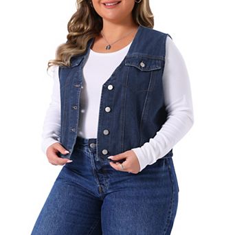 Women's Plus Size Denim Vest Sleeveless V Neck Button Down Casual Jean Waistcoat Jackets