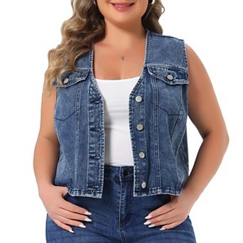 Women's Plus Size Denim Vest Sleeveless V Neck Button Down Casual Jean Waistcoat Jackets