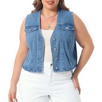 Women's Plus Size Denim Vest Sleeveless V Neck Button Down Casual Jean Waistcoat Jackets