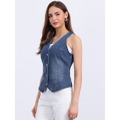 V Neck Denim Vest for Women's Sleeveless Button Down Jean Waistcoat Fashion Casual Jacket