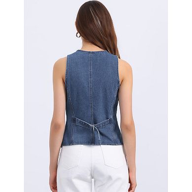 V Neck Denim Vest for Women's Sleeveless Button Down Jean Waistcoat Fashion Casual Jacket