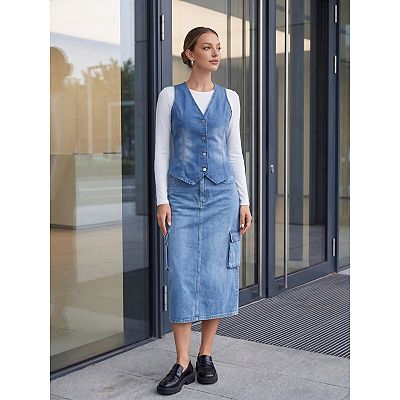 casual dress vest with jeans V Neck Denim Vest for Women's Sleeveless Button Down Jean Waistcoat Fashion Casual Jacket
