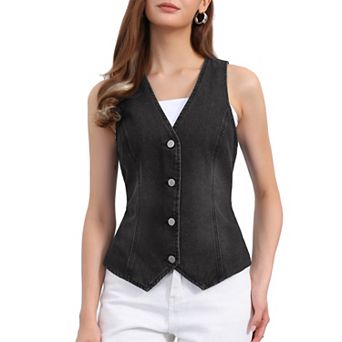 V Neck Denim Vest for Women's Sleeveless Button Down Jean Waistcoat Fashion Casual Jacket