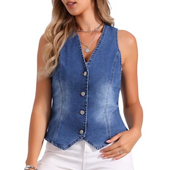 V Neck Denim Vest for Women's Sleeveless Button Down Jean Waistcoat Fashion Casual Jacket