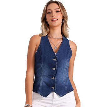 V Neck Denim Vest for Women's Sleeveless Button Down Jean Waistcoat Fashion Casual Jacket