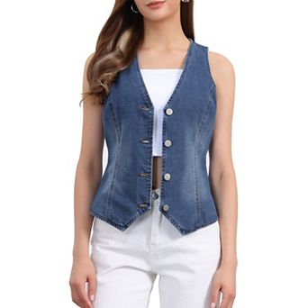 V Neck Denim Vest for Women's Sleeveless Button Down Jean Waistcoat Fashion Casual Jacket