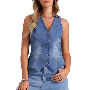 V Neck Denim Vest for Women's Sleeveless Button Down Jean Waistcoat Fashion Casual Jacket