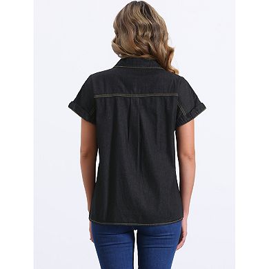 Women's Denim Shirt Short Sleeve Button Down Classic Jean Shirt Tops