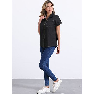 Women's Denim Shirt Short Sleeve Button Down Classic Jean Shirt Tops