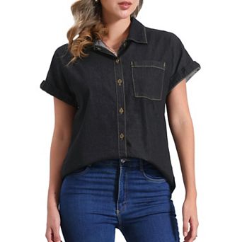 Women's Denim Shirt Short Sleeve Button Down Classic Jean Shirt Tops