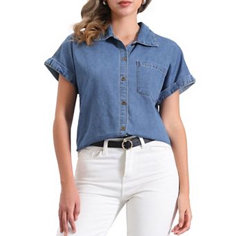 Women's Denim Shirt Short Sleeve Button Down Classic Jean Shirt Tops