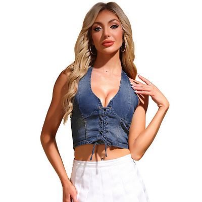Denim Corset Top for Women's Sleeveless Halter Neck Lace Up