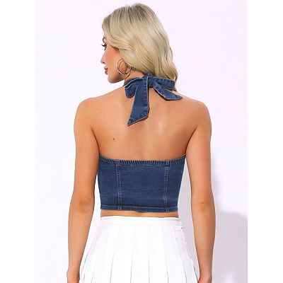 Denim Corset Top for Women's Sleeveless Halter Neck Lace Up Jean Waistcoat