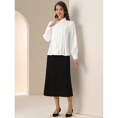 Pleated Shirt for Women's Collared Long Sleeve Dressy Office Work Blouse