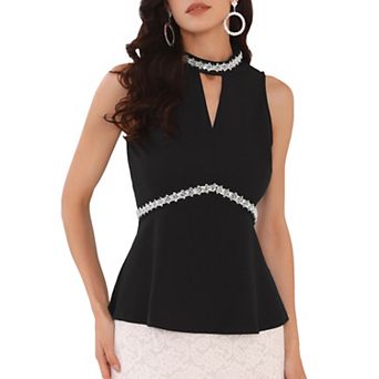 Women's Halter Tops Beaded Mock Neck Keyhole Sleeveless Cocktail Peplum Blouse