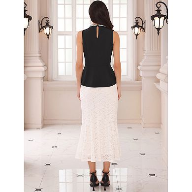 Women's Halter Tops Beaded Mock Neck Keyhole Sleeveless Cocktail Peplum Blouse