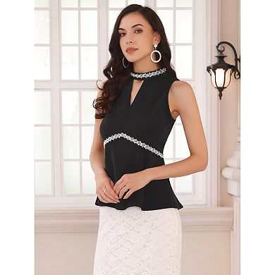 Women's Halter Tops Beaded Mock Neck Keyhole Sleeveless Cocktail Peplum Blouse