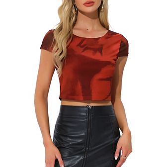 Sheer Mesh Crop Top for Women's Crew Neck Short Sleeve Nightout Bodycon Print Y2k Tees