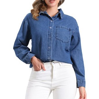 Women's Casual Denim Shirt Spring Long Sleeve Button Down Chambray Jean Jacket