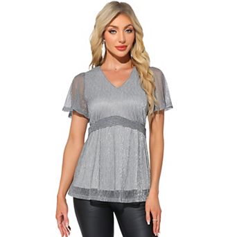 Sparkly Blouse for Women's Short Sleeves V Neck Peplum Sparkle Glitter Party Club Top