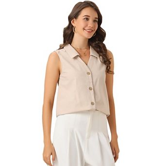 Sleeveless Blouses for Women's Work Button Down Collared Linen Tops