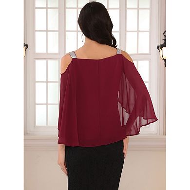 Women's Cold Shoulder Top Elegant Chiffon Ruched Cocktail Blouse