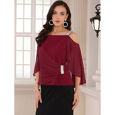 Women's Cold Shoulder Top Elegant Chiffon Ruched Cocktail Blouse
