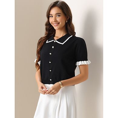 Women's Contrast Trim Short Sleeve Cardigan Sweater Summer Cardigans Knit Sweaters Tops