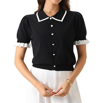 Women's Contrast Trim Short Sleeve Cardigan Sweater Summer Cardigans Knit Sweaters Tops