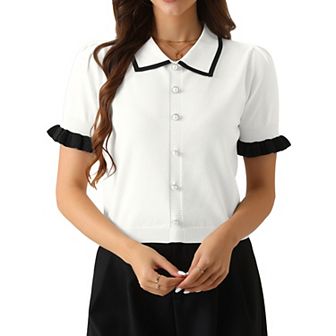 Women's Contrast Trim Short Sleeve Cardigan Sweater Summer Cardigans Knit Sweaters Tops