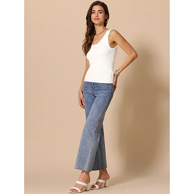 Women's Crew Neck Sleeveless Casual White Ribbed Tank Knit Top