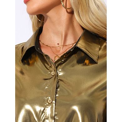 Shiny Metallic Shirt for Women's V Neck Button DownTop Summer Outfit