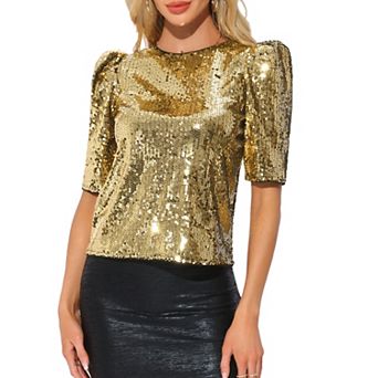 Sequin Top for Women's Puffy Short Sleeve Shimmer Sparkle Shirt Party Club Blouse Tops