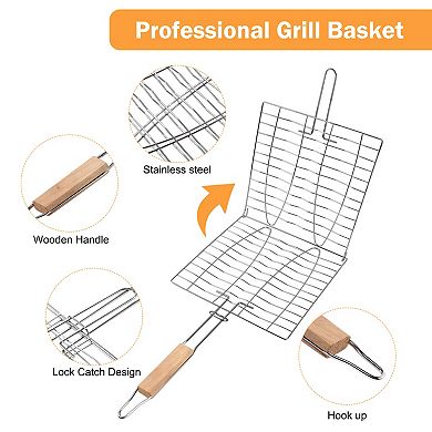 Grill Basket Stainless Steel BBQ Grill Basket Folding Portable Fish Grilling Basket with Handle