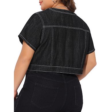 Women's Plus Size Denim Vest Tops Crew Neck Button Down Short Sleeve Cropped Jean Jacket