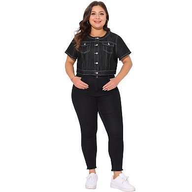 Women's Plus Size Denim Vest Tops Crew Neck Button Down Short Sleeve Cropped Jean Jacket