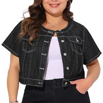 Women's Plus Size Denim Vest Tops Crew Neck Button Down Short Sleeve Cropped Jean Jacket