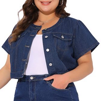 Women's Plus Size Denim Vest Tops Crew Neck Button Down Short Sleeve Cropped Jean Jacket