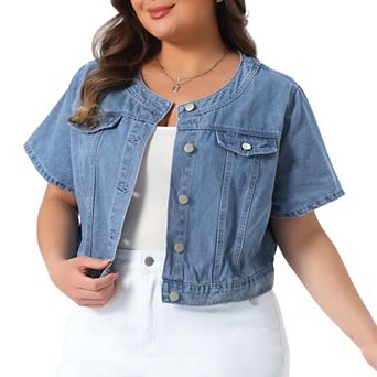 Women's Plus Size Denim Vest Tops Crew Neck Button Down Short Sleeve Cropped Jean Jacket