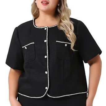 Plus Size Tweed Jacket for Women Button Down Open Front Office Business Blazer Cropped Jackets