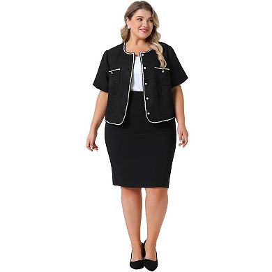Plus Size Tweed Jacket for Women Button Down Open Front Office Business Blazer Cropped Jackets