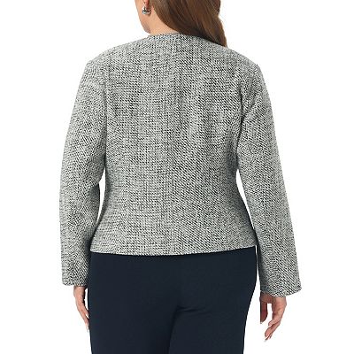 Plus Size Tweed Blazer for Women Collarless Long Sleeve Open Front