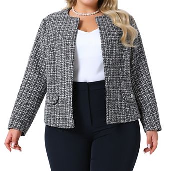 Plus Size Tweed Blazer for Women Collarless Long Sleeve Open Front Work Business Jacket Suits Casual