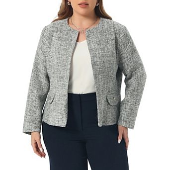 Plus Size Tweed Blazer for Women Collarless Long Sleeve Open Front Work Business Jacket Suits Casual
