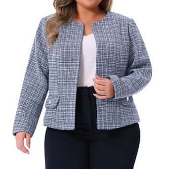 Plus Size Tweed Blazer for Women Collarless Long Sleeve Open Front Work Business Jacket Suits Casual
